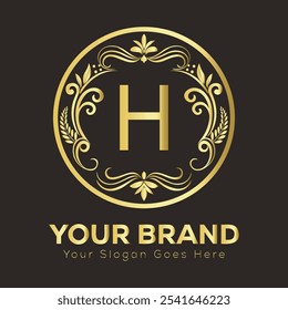 Elegant Luxury Gold Logo Design H with Customizable Brand Initials and Slogan in Ornate Style  