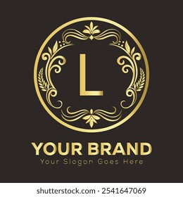Elegant Luxury Gold Logo Design L with Customizable Brand Initials and Slogan in Ornate Style  