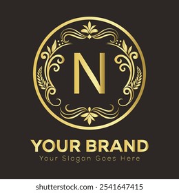 Elegant Luxury Gold Logo Design N with Customizable Brand Initials and Slogan in Ornate Style  