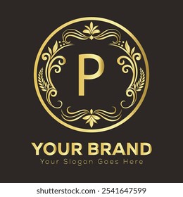 Elegante luxuoso design de logotipo de ouro P com iniciais de marca personalizáveis e slogan em estilo orgânico  