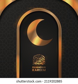 elegant luxury golden crescent moon decoration mosque with black dark background for ramadan kareem decoration (text translation = blessed ramadan)