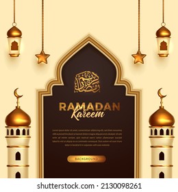 Elegant Luxury Golden Lantern Door Mosque For Islamic Event Social Media Template With Arabic Ramadan Kareem Calligraphy