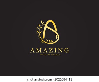 Elegant luxury golden letter a logo with floral concept. abstract flower a logo design with gold color