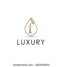 Elegant luxury golden line art liquid or water drop icon and initial f letter for cosmetic, make up, hotel, boutique business logo concept
