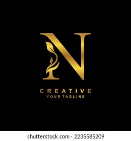 
Elegant luxury golden N letter logo vector design with leaf and flower decoration. N modern creative initial logo. boutique logo, business, company, wedding, etc