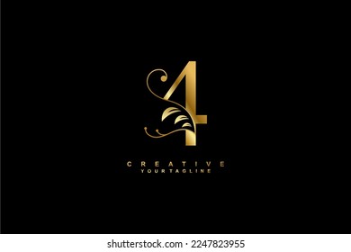 Elegant luxury golden number 4 logo design with beautiful ornament. monogram 4. typography 4. suitable for logo of business, company, brand, boutique, hotel, celebration, birthday, age etc