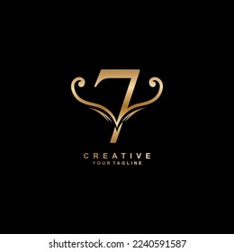 Elegant luxury golden number 7 logo design with creative unique ornament. modern 7 icon. suitable for business, company, brand. promotion,boutique,hotel,restaurant,anniversary,birthday,celebration etc