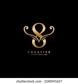 Elegant luxury golden number 8 logo design with creative unique ornament. modern 8 icon. suitable for business, company, brand. promotion,boutique,hotel,restaurant,anniversary,birthday,celebration etc