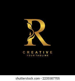 
Elegant luxury golden R letter logo vector design with leaf and flower decoration. R modern creative initial logo. boutique logo, business, company, wedding, etc