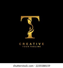 
Elegant luxury golden T letter logo vector design with leaf and flower decoration. T modern creative initial logo. boutique logo, business, company, wedding, etc