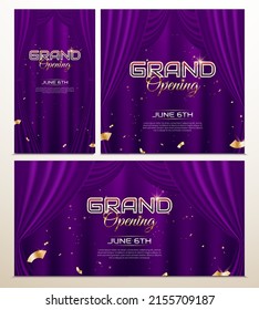 Elegant Luxury grand opening banners collection with realistic purple curtain stage