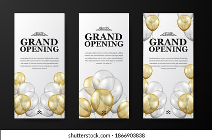 elegant luxury grand opening or reopening event social media stories template for announcement marketing with flying transparent silver and golden balloon with confetti and white background