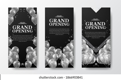 elegant luxury grand opening or reopening event social media stories template for announcement marketing with flying transparent silver balloon with confetti and dark background