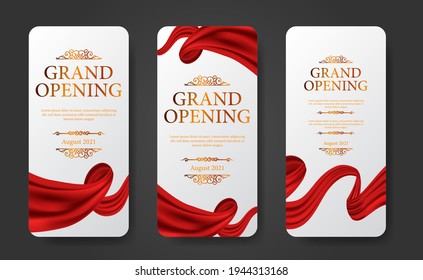 elegant luxury grand opening social media stories template with swirl silk red curtain with golden color and white background