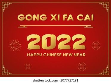 Elegant and luxury Happy Chinese New Year 2022 lettering with gold color on red background. Beautiful Gong Xi Fa Cai greeting design for wallpaper, banner, poster and card. Text 2022 with tiger style