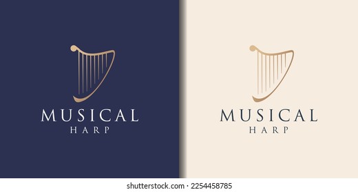 Elegant and Luxury Harp instrument Logo design inspiration. golden color