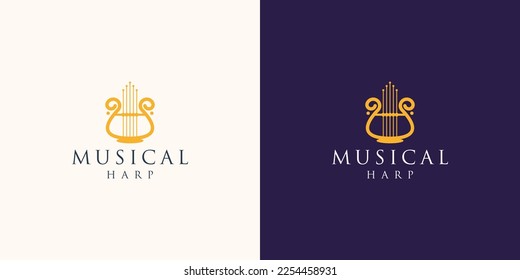 Elegant and Luxury Harp instrument Logo design inspiration. golden color