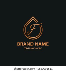 Elegant luxury initial F letter for cosmetic, make up, hotel, boutique business logo concept with golden line art liquid or water drop icon