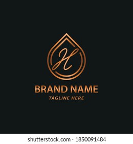 Elegant luxury initial H letter for cosmetic, make up, hotel, boutique business logo concept with golden line art liquid or water drop icon