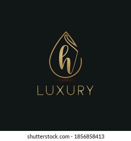 Elegant luxury initial h letter for cosmetic, make up, hotel, boutique business logo concept with golden line art liquid or water drop icon