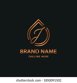 Elegant luxury initial J letter for cosmetic, make up, hotel, boutique business logo concept with golden line art liquid or water drop icon