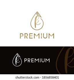 Elegant luxury initial K letter for cosmetic, make up, hotel, boutique business logo concept with golden line art liquid or water drop icon