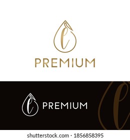 Elegant luxury initial L letter for cosmetic, make up, hotel, boutique business logo concept with golden line art liquid or water drop icon