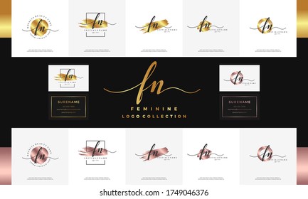 elegant luxury initial letter FN F N handwriting gold logo design. Feminine golden branding for beauty, salon, massage, cosmetics or spa.