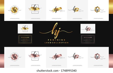 elegant luxury initial letter HJ H J handwriting gold logo design. Feminine golden branding for beauty, salon, massage, cosmetics or spa.