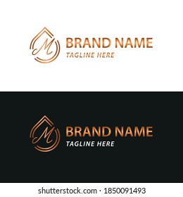 Elegant luxury initial M letter for cosmetic, make up, hotel, boutique business logo concept with golden line art liquid or water drop icon