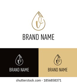 Elegant luxury initial v letter for cosmetic, make up, hotel, boutique business logo concept with golden line art liquid or water drop icon