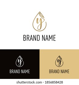Elegant luxury initial y letter for cosmetic, make up, hotel, boutique business logo concept with golden line art liquid or water drop icon