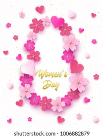 Elegant luxury international women's day 8 march card. Happy woman day layout template for advertising, menu, flyer, banner, card poster, invitation with pink and gold roses. 8 march.