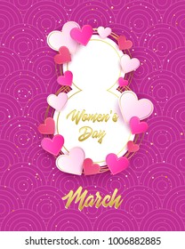 Elegant luxury international women's day 8 march card. Happy woman day layout template for advertising, menu, flyer, banner, card poster, invitation with pink and gold roses. 8 march.