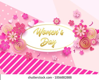 Elegant luxury international women's day 8 march card. Happy woman day layout template for advertising, menu, flyer, banner, card poster, invitation with pink and gold roses. 8 march.