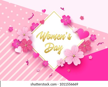 Elegant luxury international women's day 8 march card. Happy woman day layout template for advertising, menu, flyer, banner, card poster, invitation with pink and gold roses. 8 march.