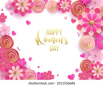 Elegant luxury international women's day 8 march card. Happy woman day layout template for advertising, menu, flyer, banner, card poster, invitation with pink and gold roses. 8 march.