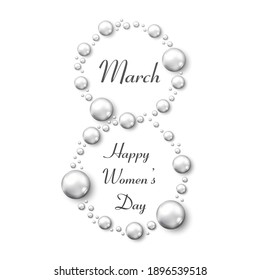 Elegant luxury international women's day 8 march isolated on white background with white pearls. 8th march happy woman day layout template for advertise, menu, flyer, banner, card, poster, invitation.