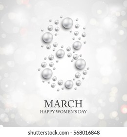 Elegant luxury international women's day 8 march card, banner with gray background and white pearl. 8 march happy woman day layout template for advertise, menu, flyer, banner, card, poster invitation