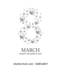Elegant luxury international women's day 8 march card isolated on white background with white pearl. 8 march happy woman day layout template for advertise, menu, flyer, banner, card poster invitation