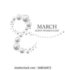 Elegant luxury international women's day 8 march card isolated on white background with white pearl. 8 march happy woman day layout template for advertise, menu, flyer, banner, card poster invitation