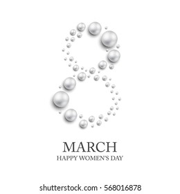 Elegant luxury international women's day 8 march festive card  isolated on white background with white pearl. 8 march happy woman day layout template for advertise, menu, flyer, banner card invitation