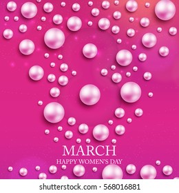 Elegant luxury international women's day 8 march festive card with pink background and pink pearls. 8 march happy woman day layout template for advertise, menu, flyer, banner, card, poster invitation