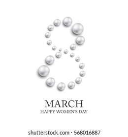 Elegant luxury international women's day 8 march card isolated on white background with white pearls. 8 march happy woman day layout template for advertise, menu, flyer, banner card poster invitation