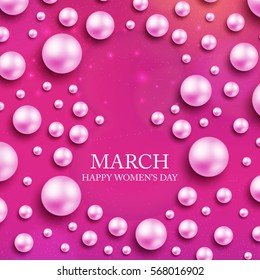 Elegant luxury international women's day 8 march card with pink background and pink pearls. 8th march happy woman day layout template for advertise, menu, flyer, banner, card, poster, invitation