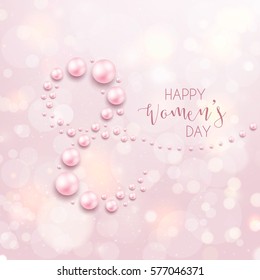 Elegant luxury international women's day 8 march card with pink background and pearls.