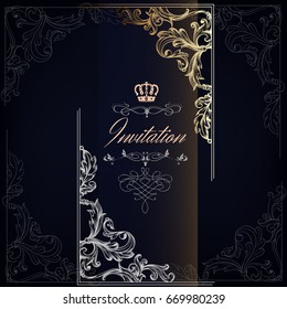 Elegant and luxury invitation card with swirls, crowns in gold