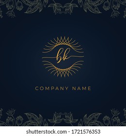 Elegant luxury letter BK logo. This logo icon incorporate with abstract rounded thin geometric shape in floral background. That looks luxurious and royal.