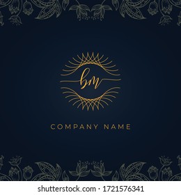 Elegant luxury letter BM logo. This logo icon incorporate with abstract rounded thin geometric shape in floral background. That looks luxurious and royal.