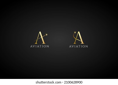 Elegant Luxury Letter A with Jet Plane for Aviation Flight Logo Design